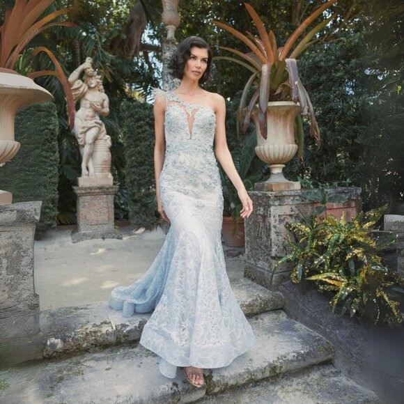 Mac Duggal 79264 Size 6 Light Blue Embroidered Feathered Trumpet Maxi Gown Dress - Picture 3 of 9